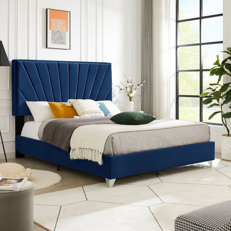 B108 Queen bed Beautiful line stripe cushion headboard , strong wooden slats + metal legs with Electroplate