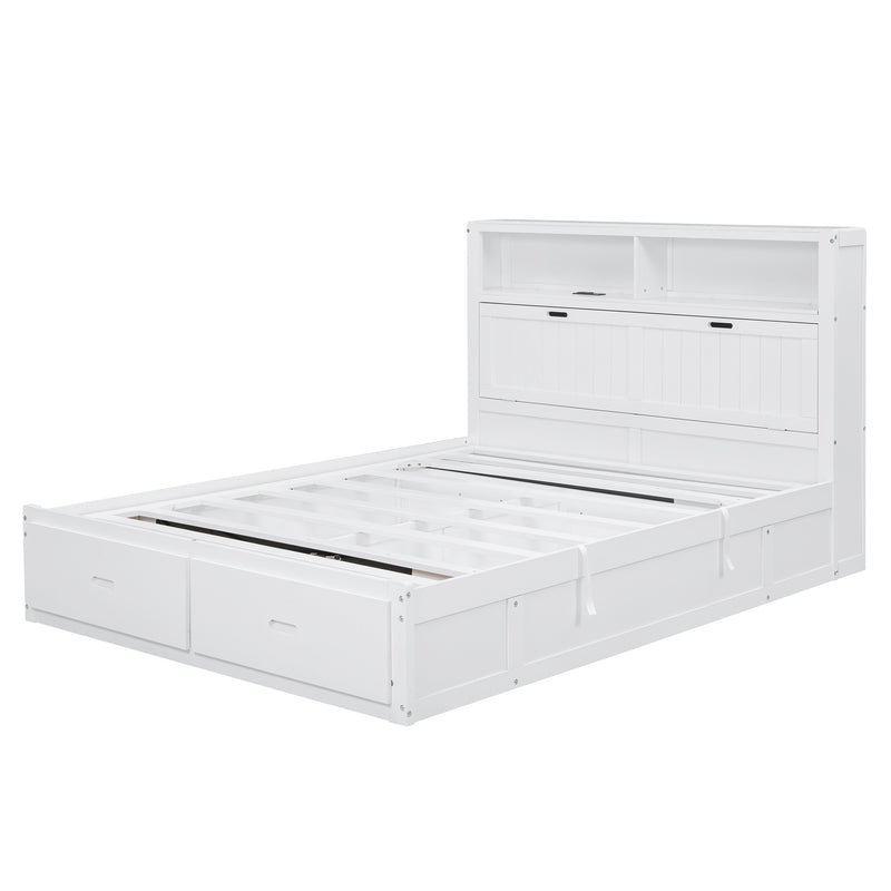 Wood Queen Size Hydraulic Platform Bed with Storage LED Headboard, Charging Station and 2 Drawers, White