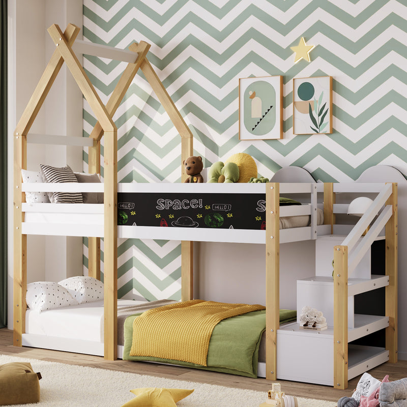 Twin over Twin House Bunk Bed with White Storage Staircase and Blackboard, White and Natural