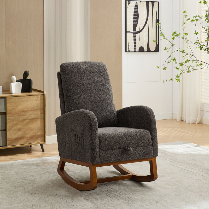 Rocking Chair For Nursery, High Back Glider Chair With Retractable Footrest, Side Pocket, Rocking Accent Armchair With Rubber Wood Legs For Living Room / Bedroom