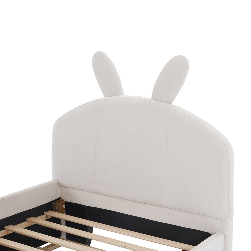 Twin Size Upholstered Platform Bed with Cartoon Ears Shaped Headboard and Trundle, White