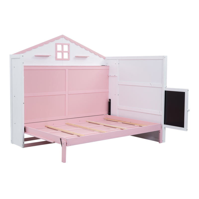 Wood Full Size House Murphy Bed with USB, Storage Shelves and Blackboard, Pink+White