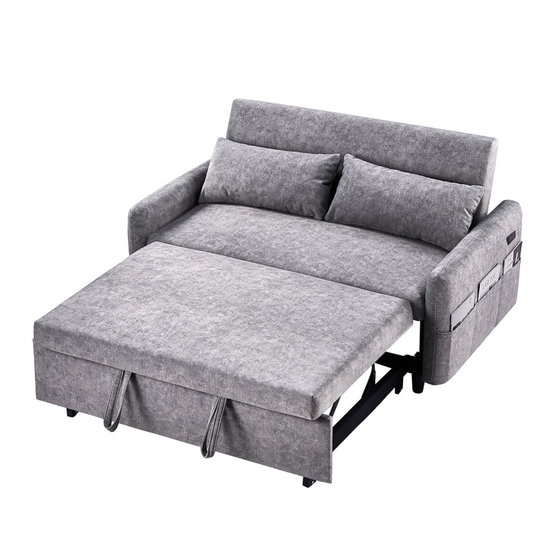 Pull Out Sleep Sofa Bed Loveseats Sofa Couch With Adjsutable Backrest, Storage Pockets, 2 Soft Pillows, USB Ports For Living Room, Bedroom, Apartment, Office