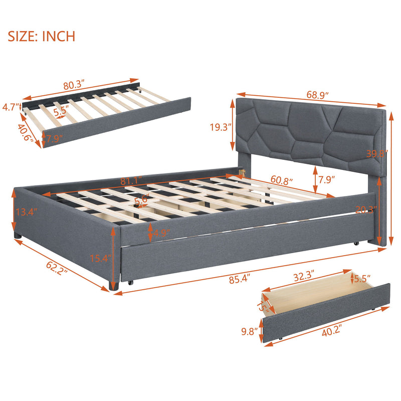 Upholstered Platform Bed With Brick Pattern Headboard And Twin Long Size Trundle