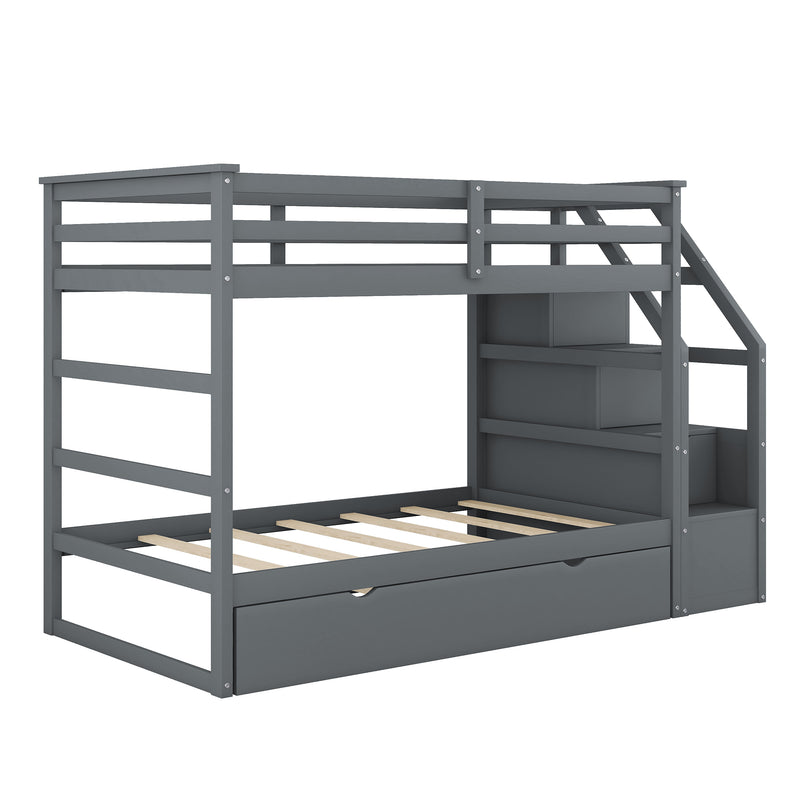 Twin-Over-Twin Bunk Bed with Twin Size Trundle and 3 Storage Stairs,Gray (OLD SKU :LP000064AAE)