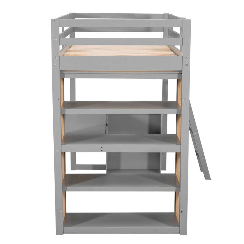 Twin Size Loft Bed with Ladder, Shelves, and Desk, Gray(LT000225AAE)