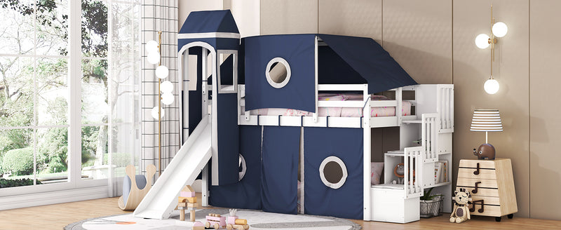 Twin Size Loft Bed with Tent and Tower - Blue