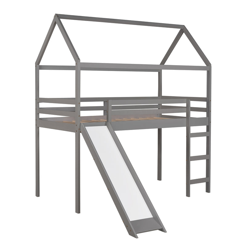 Twin Loft Bed with Slide, House Bed with Slide,Gray(OLD SKU :WF286245AAE)