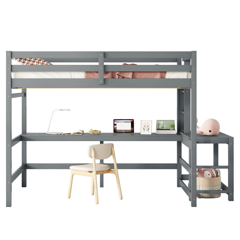 Full Loft Bed With Built-In Desk, Ladder Platform, Ladders, Guardrails - Gray