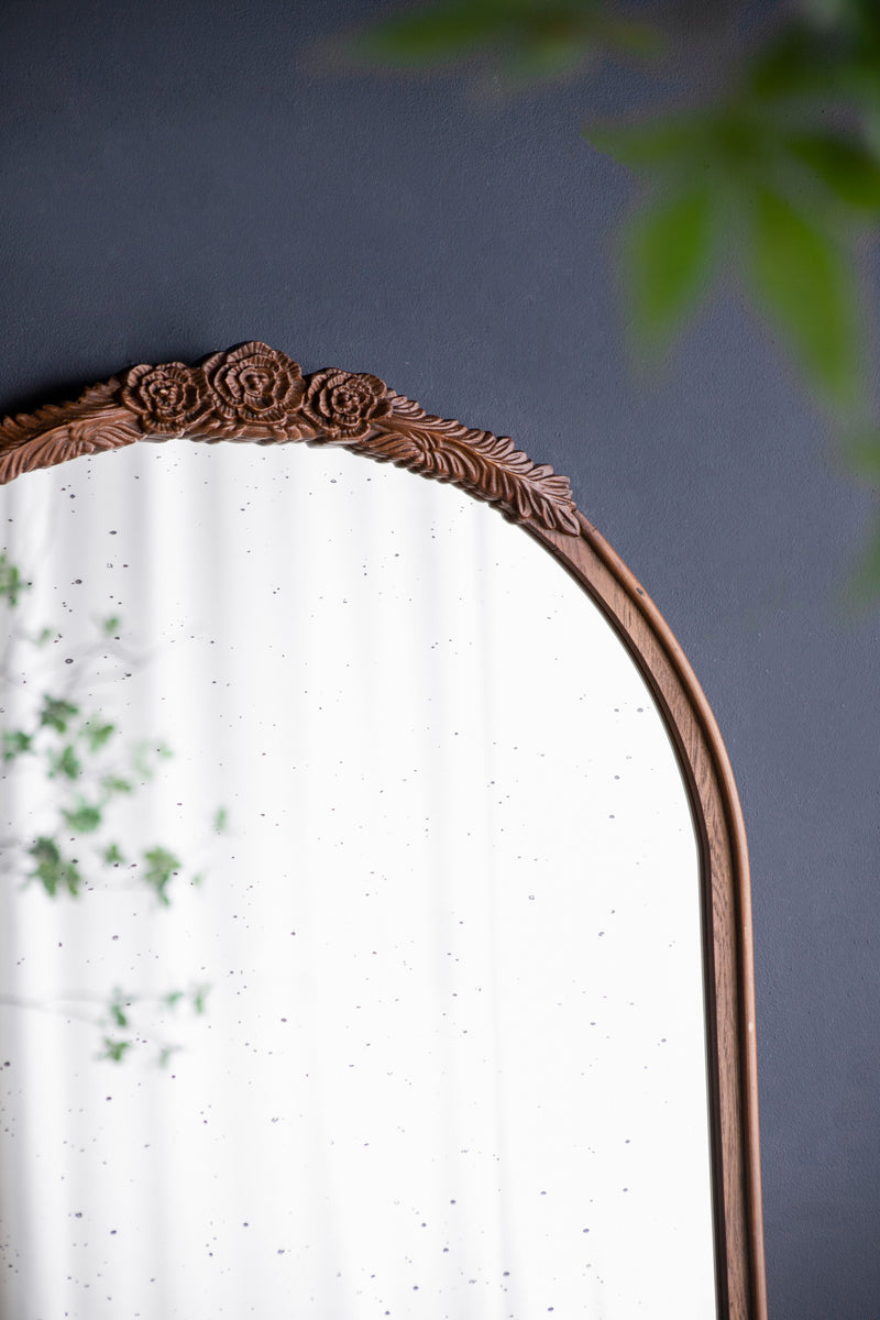 Hand Carved Rose Antique Mirror Frame, Large Arch Mirror Wall Decor For Living Room, Bathroom, Entryway - Brown