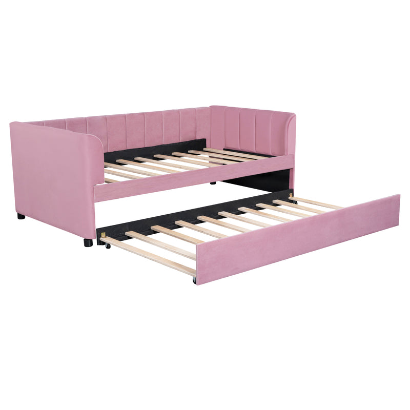 Twin Size Upholstered Daybed with Ergonomic Design Backrest and Trundle, Pink