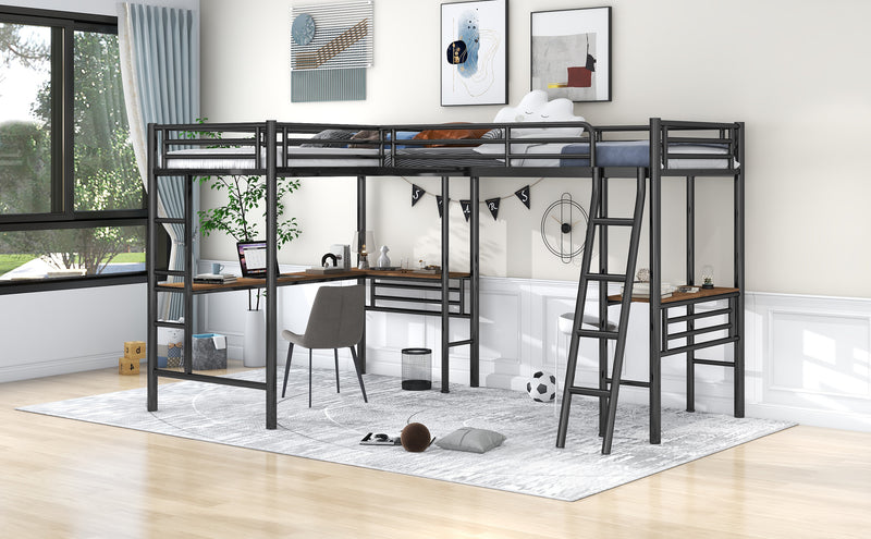 Twin Size Metal Loft Bed with Two Built-in Desks,Black