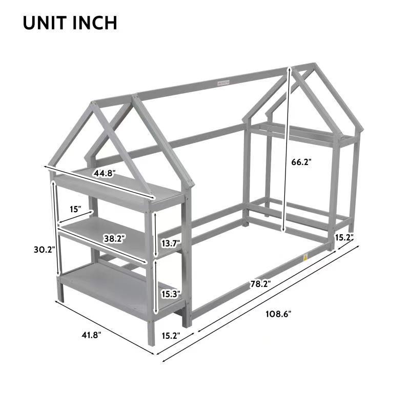 Wood House Bed With Storage Shelf And Hanger, Kids Bedroom Set