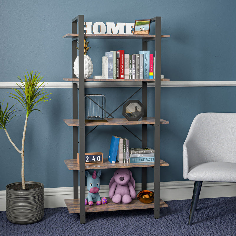 5 Shelf Vintage Industrial Rustic Bookshelf, 5 Tier Wood And Metal Bookcase, Open Etagere Book Shelf, Farmhouse Wooden Bookshelves - Vintage Brown