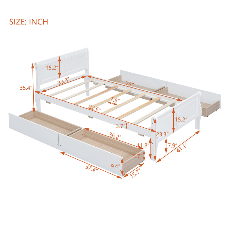 Twin Size Wood Platform Bed with 4 Drawers and Streamlined Headboard & Footboard, White