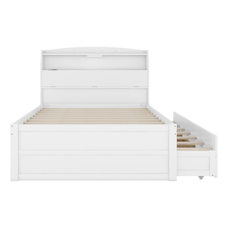 Wooden LED Platform Bed With Trundle, With Storage Headboard, With Drawers