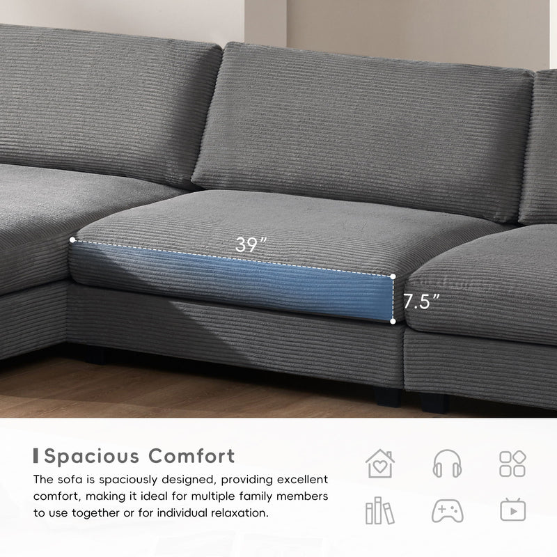 Oversized Corduroy Sectional Sofa, L Shaped Cloud Couch With USB Charging Port, Cup Holder, Deep Seat Sofa Bed With 50" Chaise, Comfy Indoor Furniture For Living Room