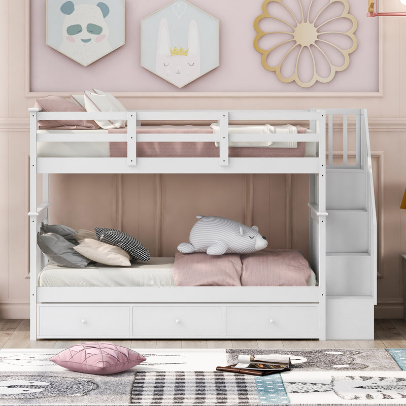 Stairway Twin-Over-Twin Bunk Bed with Three Drawers for Bedroom, Dorm - White(Old sku: LP000309AAK)