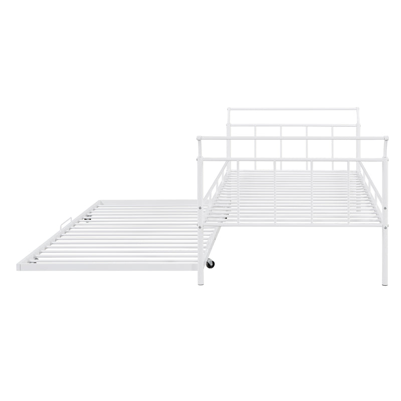 Twin Size Metal Daybed with Curved Handle Design and Twin Size Trundle, White