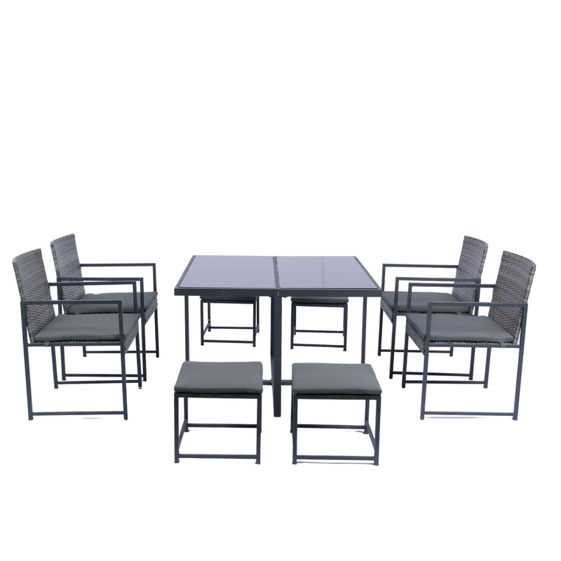 9 Pieces Patio Dining Sets Outdoor Space Saving Rattan Chairs With Glass Table Top Wicker And Cushion - Dark Gray