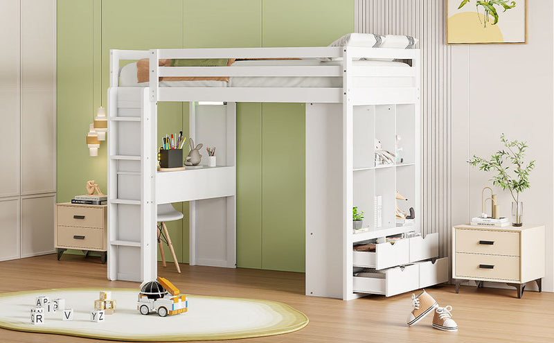 Twin Size Loft Bed with large shelves, writing desk and LED Light, White