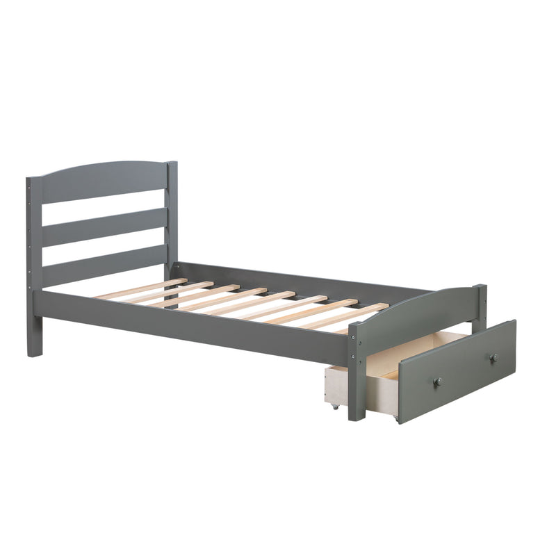 Twin Platform Bed Frame With Storage Drawer And Wood Slat Support No Box Spring Needed - Gray