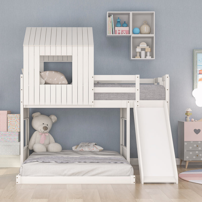 Wooden Twin Over Full Bunk Bed, Loft Bed with Playhouse, Farmhouse, Ladder, Slide and Guardrails, White(OLD SKU :LT000028AAK)