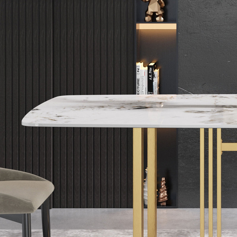 70.87" Modern Artificial Stone Pandora White Curved Golden Metal Leg Dining Table, Can Accommodate 6-8 People - Antique White / Gold