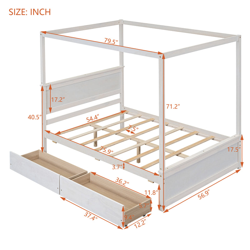 Wood Canopy Bed with two Drawers, Full Size Canopy Platform bed With Support Slats .No Box Spring Needed, Brushed White