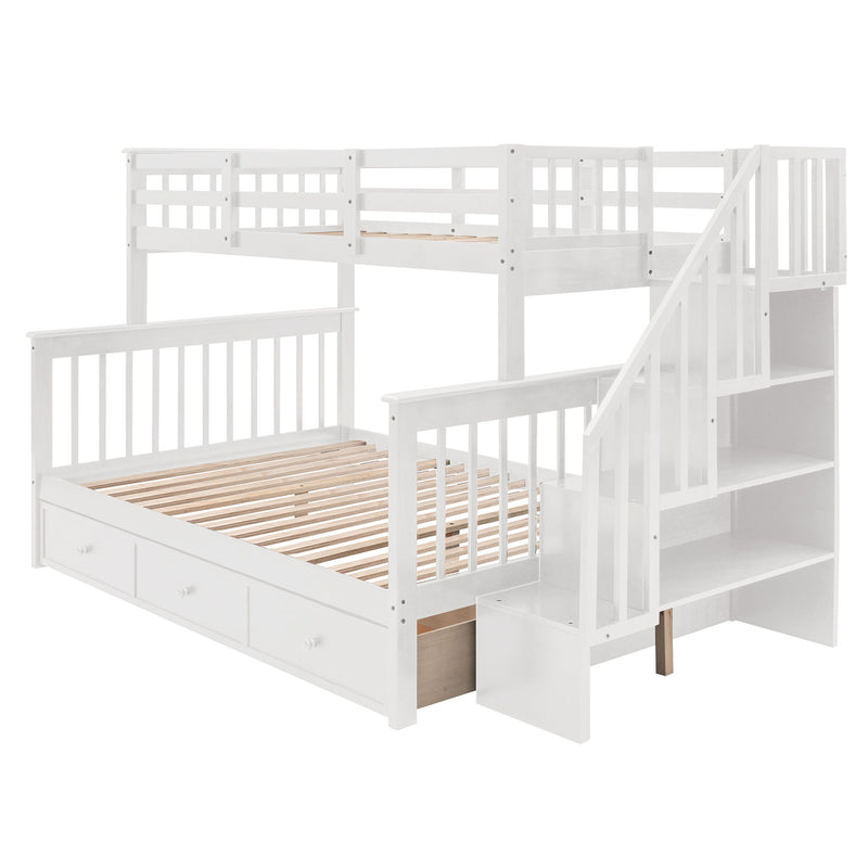 Twin Over Full Stairway Bunk Bed With Drawer, Storage And Guard Rail For Bedroom, Dorm, For Adults