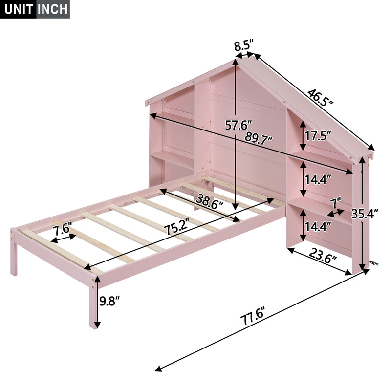 Wood Twin Size Platform Bed with House-shaped Storage Headboard and Built-in LED, Pink