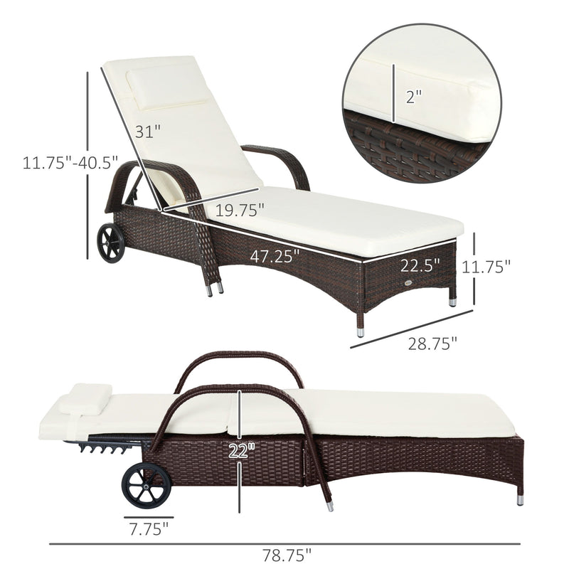 Outsunny - Wicker Outdoor Chaise Lounge, 5-Level Adjustable Backrest Pe Rattan Pool Lounge Chair With Wheels, Cushion & Headrest - Brown / Cream White