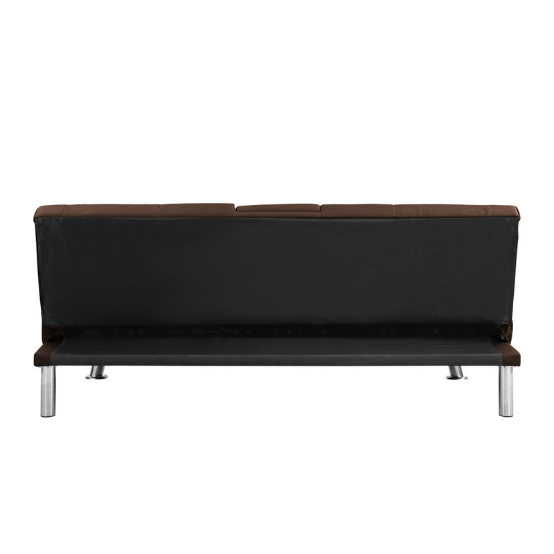 Futon Sofa Bed With Armrest Two Holders Wood Frame, Stainless Leg - Brown