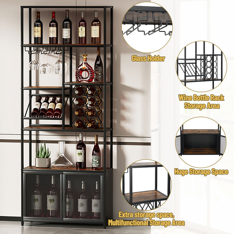 82.7" Industrial Standing Wine Rack With Glass Rack Tall Freestanding Floor Bar Cabinet - Walnut / Black