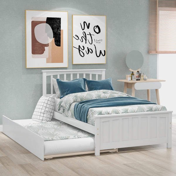 Twin size Platform Bed with Trundle, White