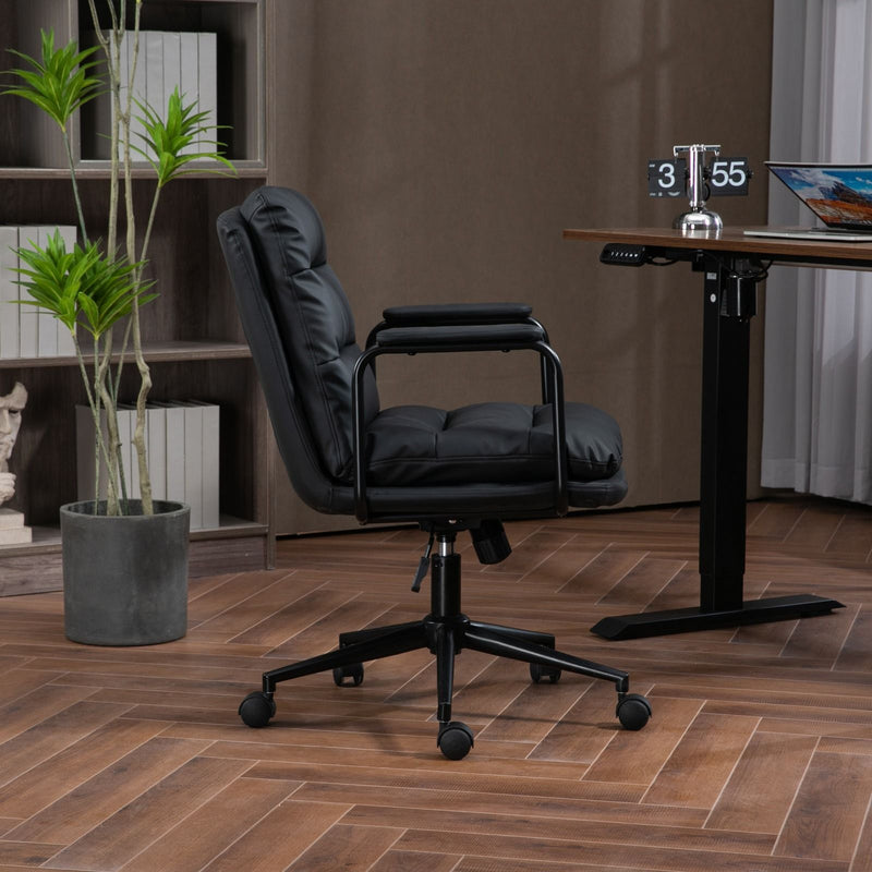 Office Chair, Mid Back Home Office Desk Task Chair With Wheels And Arms Ergonomic PU Leather Computer Rolling Swivel Chair With Padded Armrest