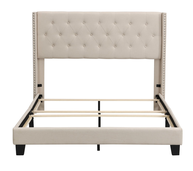 Queen Size Upholstered Platform Bed With Classic Headboard, No Box Spring Needed - Beige