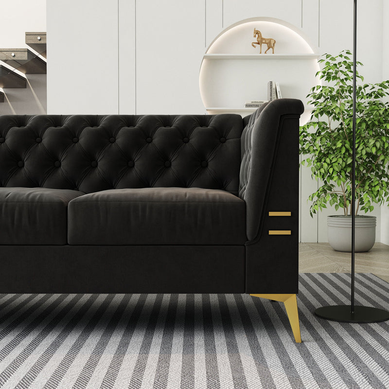 Fx-P83-Bk2 (Sofa) Luxurious Velvet Sofa With Gold Legs, Modern Chesterfield Design, Tufted Upholstery, 3-Seat Couch For Living Room And Office - Black