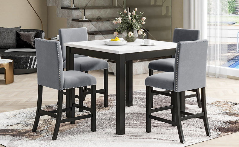 5-Piece Counter Height Dining Table Set With One Faux Marble Top Dining Table And Four Velvet Upholstered Chairs