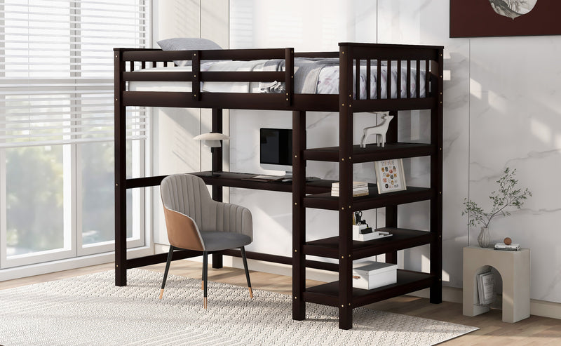 Twin Size Loft Bed with Storage Shelves and Under-bed Desk, Espresso(OLD SKU:SM000245AAP-1)