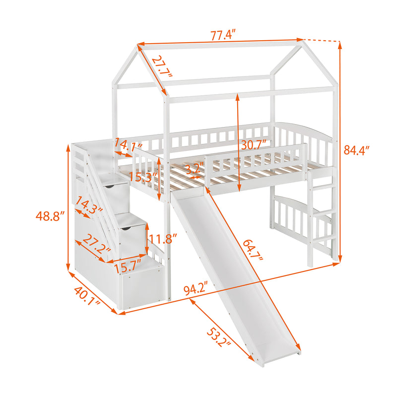 Twin Loft Bed with Two Drawers and Slide, House Bed with Slide, White (Old SKU: LP000130AAK)