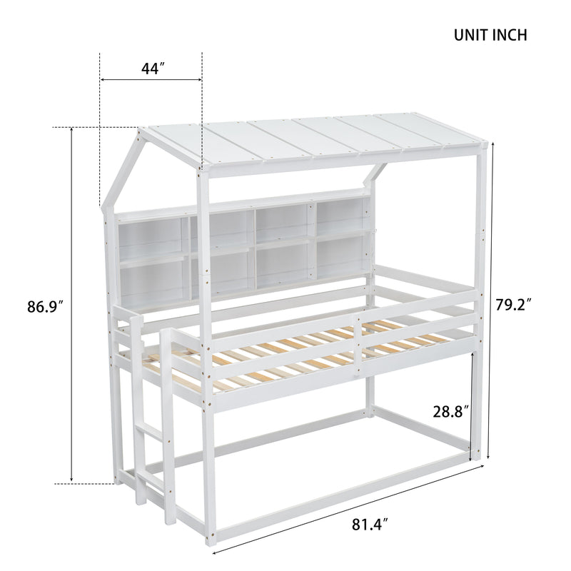 Twin House Loft Bed With Guardrails, Semi-Enclosed Roof, Bedside Shelves And Ladder - White