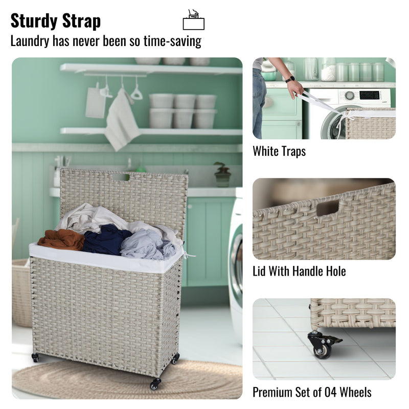 Laundry Hamper With Lid PE Rattan Powder Coating Frame Clothes Hampers With 2 Removable Bags