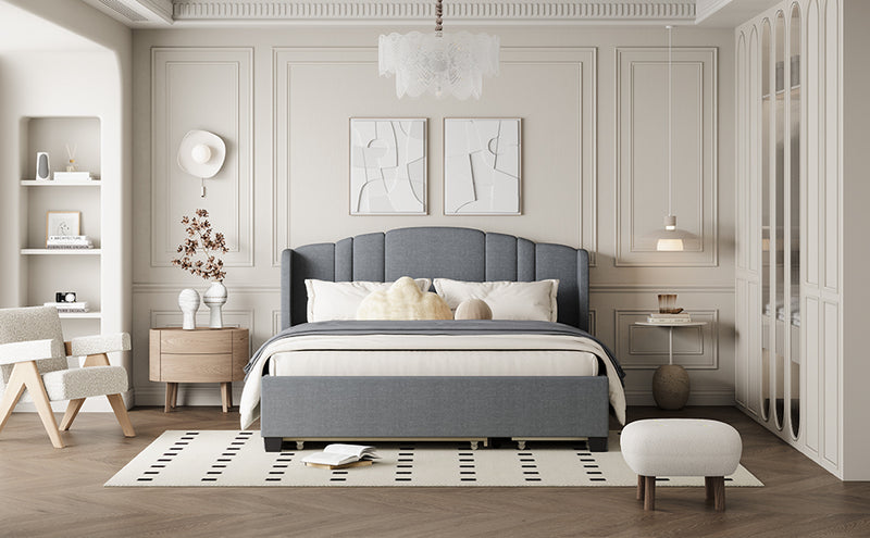 Upholstered Platform Bed with Wingback Headboard, One Twin Trundle and 2 Drawers, No Box Spring Needed, Linen Fabric, Queen Size Gray