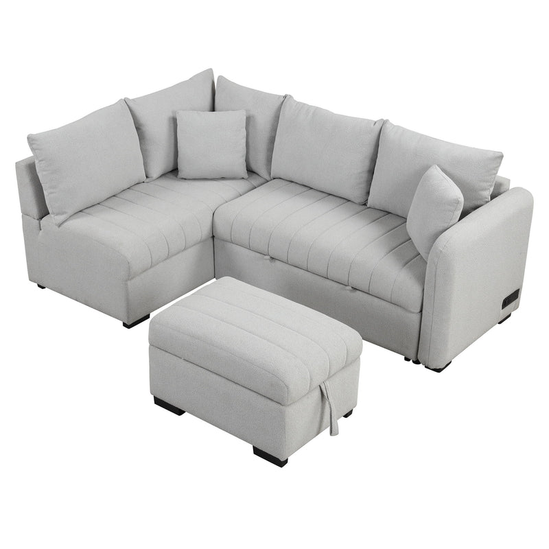 L-Shaped Sectional Pull Out Sofa Bed Sleeper Sofa With Two USB Ports, Two Power Sockets And A Movable Storage Ottoman