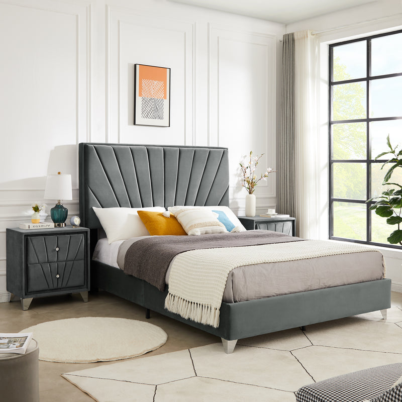 B108 Full bed with two nightstands, Beautiful line stripe cushion headboard , strong wooden slats + metal legs with Electroplate