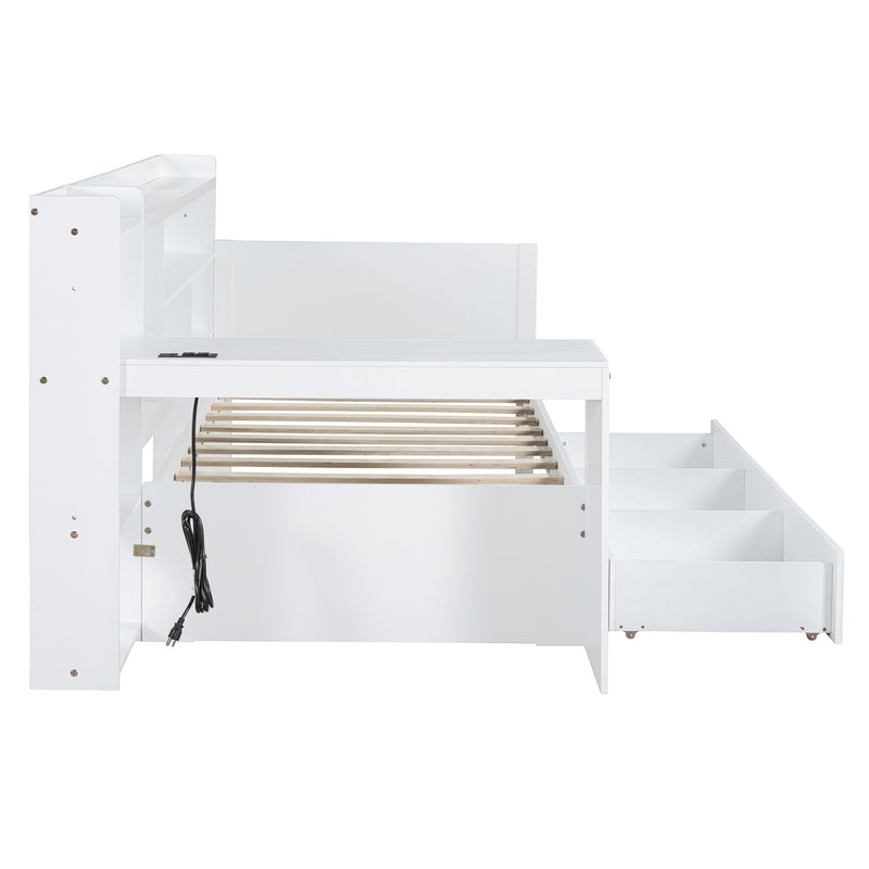 Twin Size Wooden Daybed With 3 Drawers, USB Ports And Desk - White