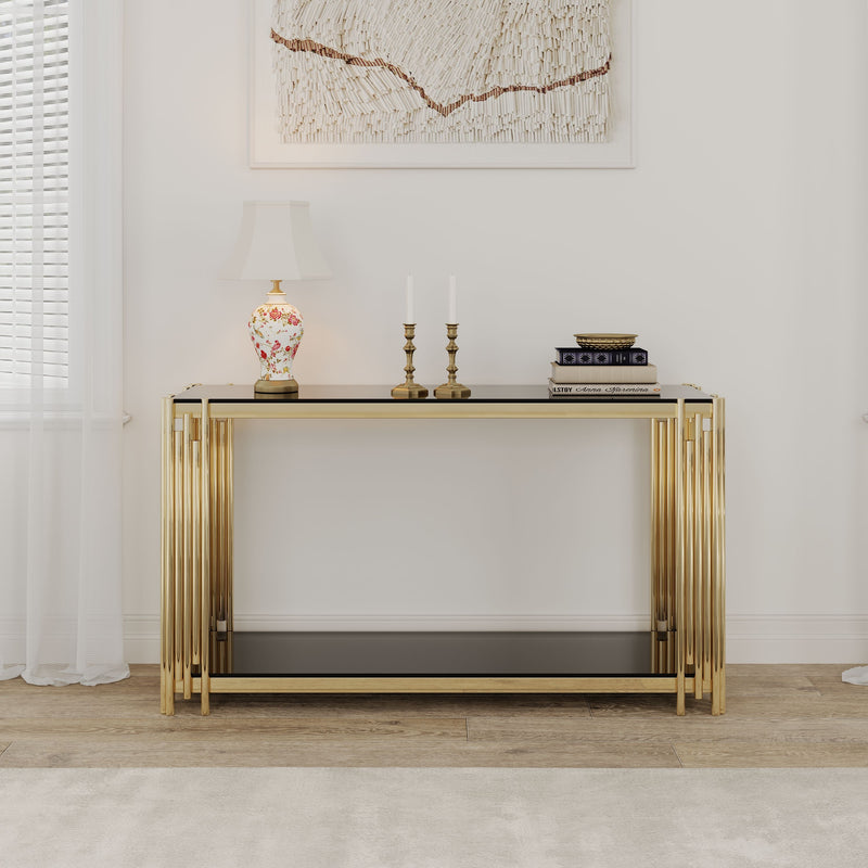 Modern Glass Console Table, 55" Gold Sofa Table With Sturdy Metal Frame And Black Tempered Glass Top, For Living Room Entryway Bedroom - Gold