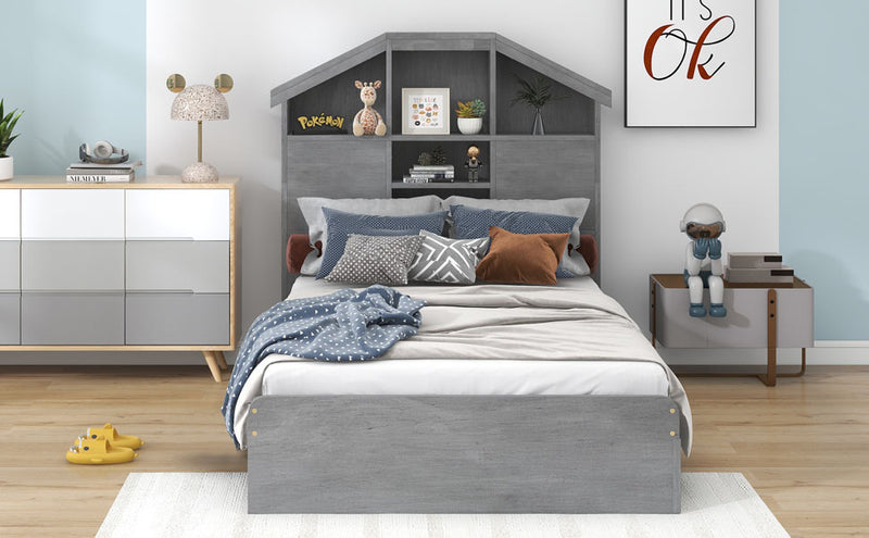 Twin Size Wood Platform Bed with House-shaped Storage Headboard and 2 Drawers, Gray