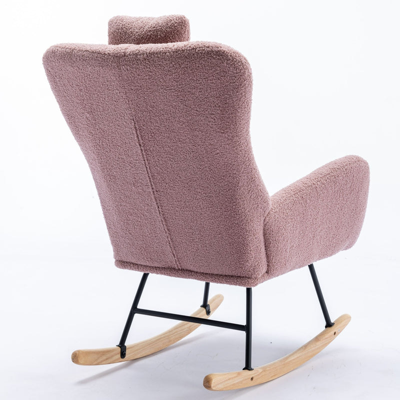 Rocking Chair With Pocket, Soft Teddy Fabric Rocking Chair For Nursery, Comfy Wingback Glider Rocker With Safe Solid Wood Base